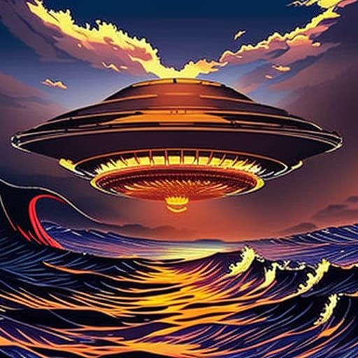 UFOs over Fuji in Hokusai Wave at Sunset