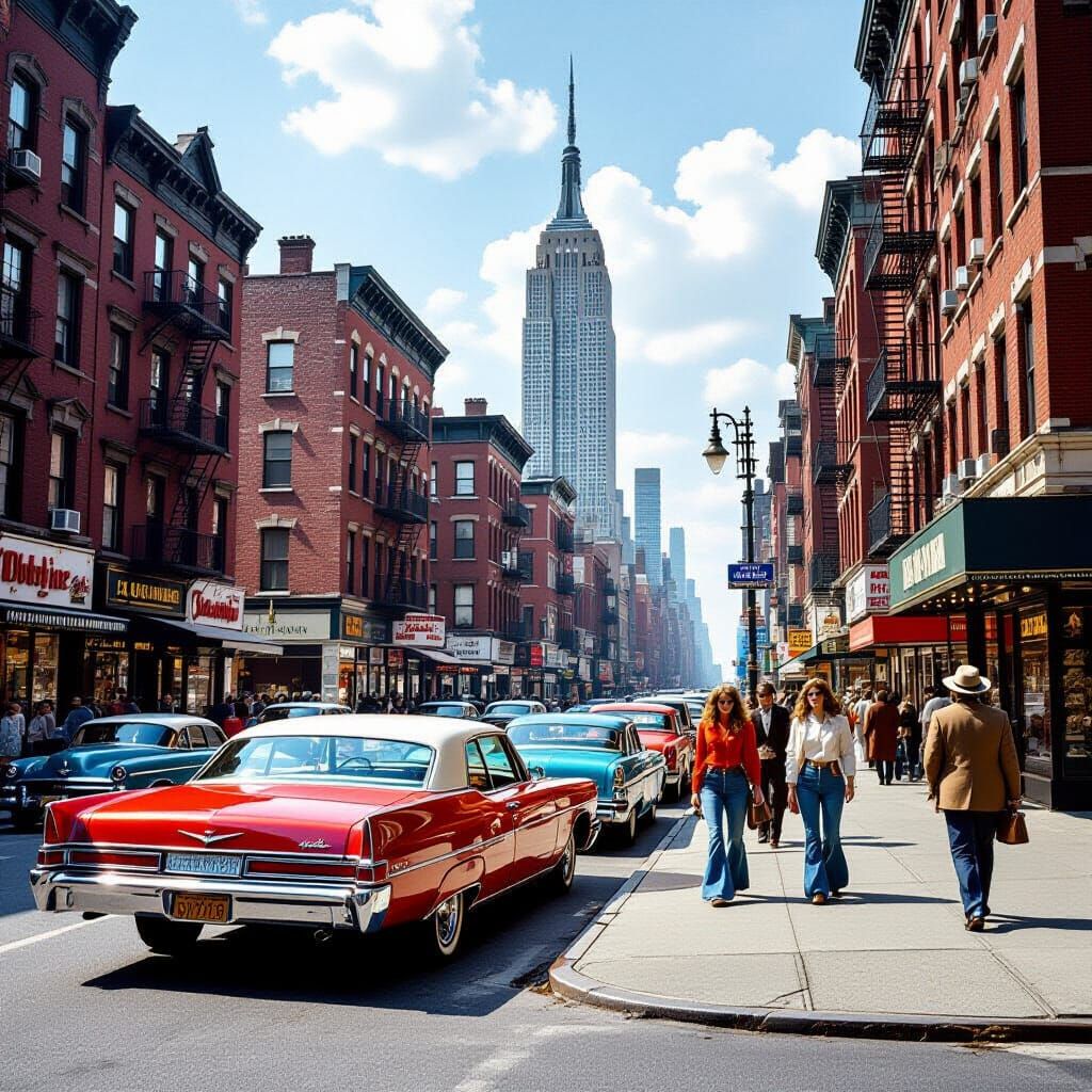 1970s New York Street Scene with Vintage Cars