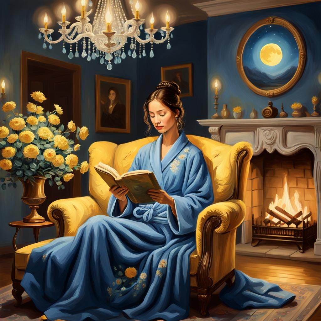 Woman Reading by Fireplace: Soft Realism Oil Painting