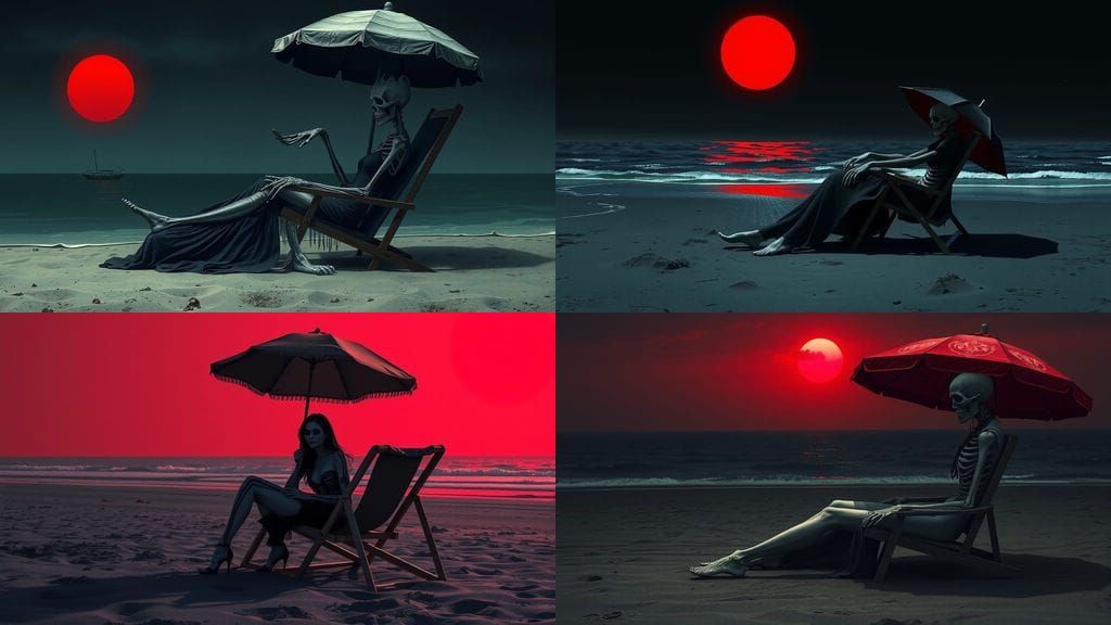 Lady Death Sunbathing on Dark Beach in Gothic Fantasy Style