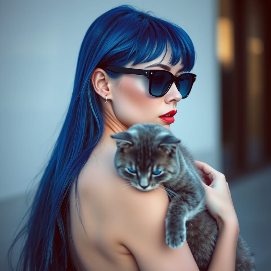 Ethereal Woman in Electric Blue Hair and Oversized Sunglasse...