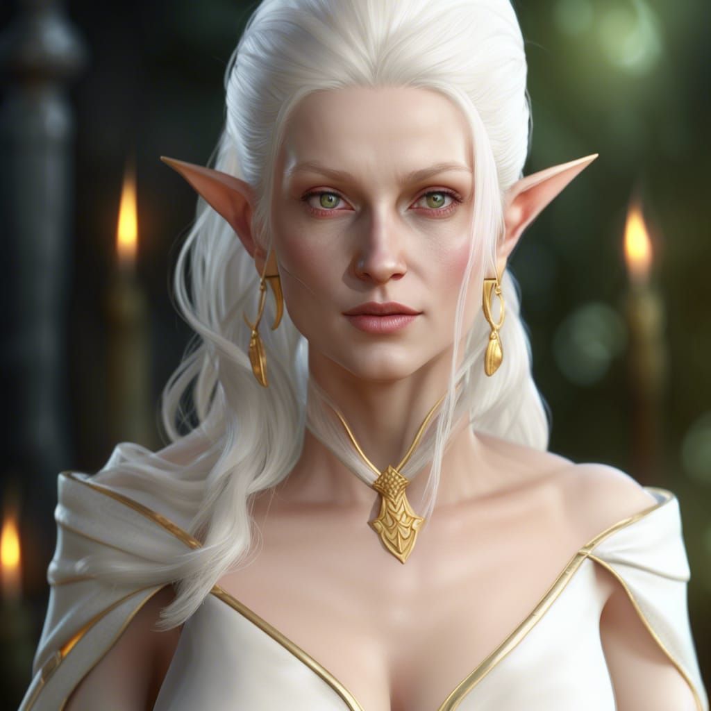 Elegant Albino Elf Wizard in Hyperreal Fantasy