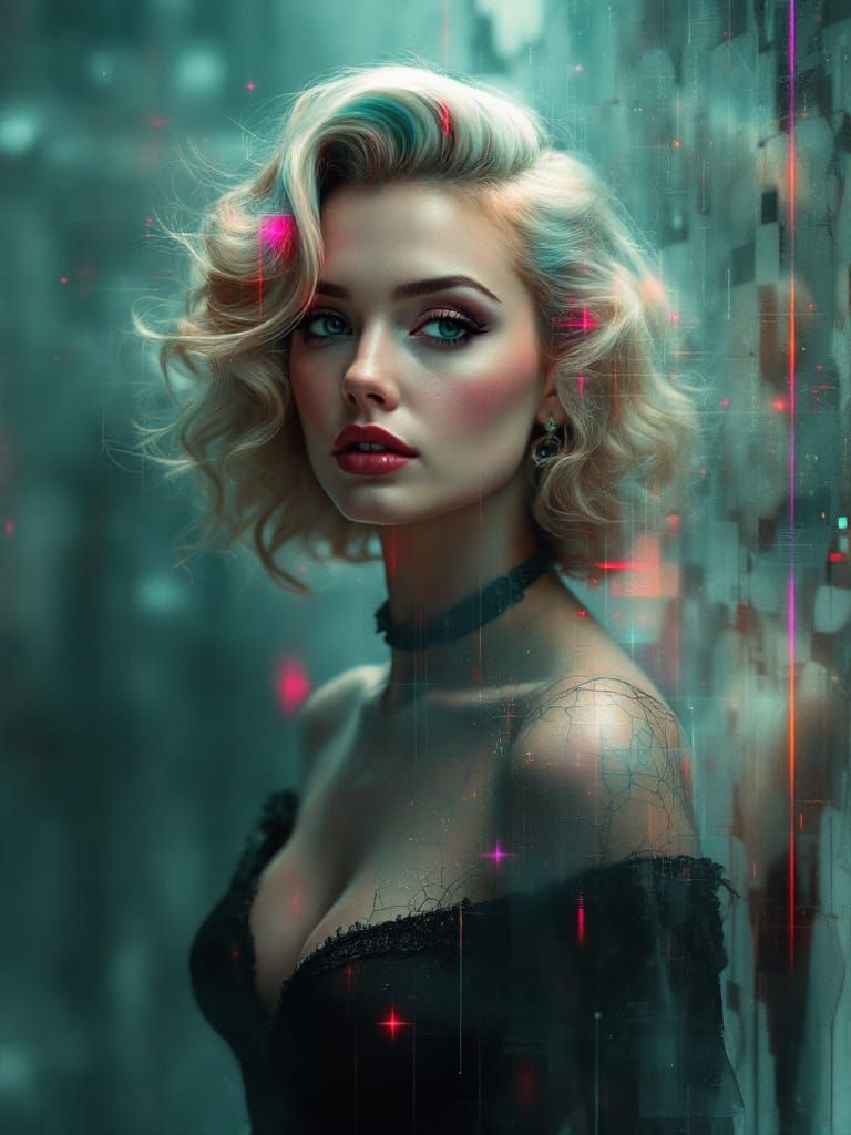 Retro Pin-Up Woman with Glitch Art Overlay