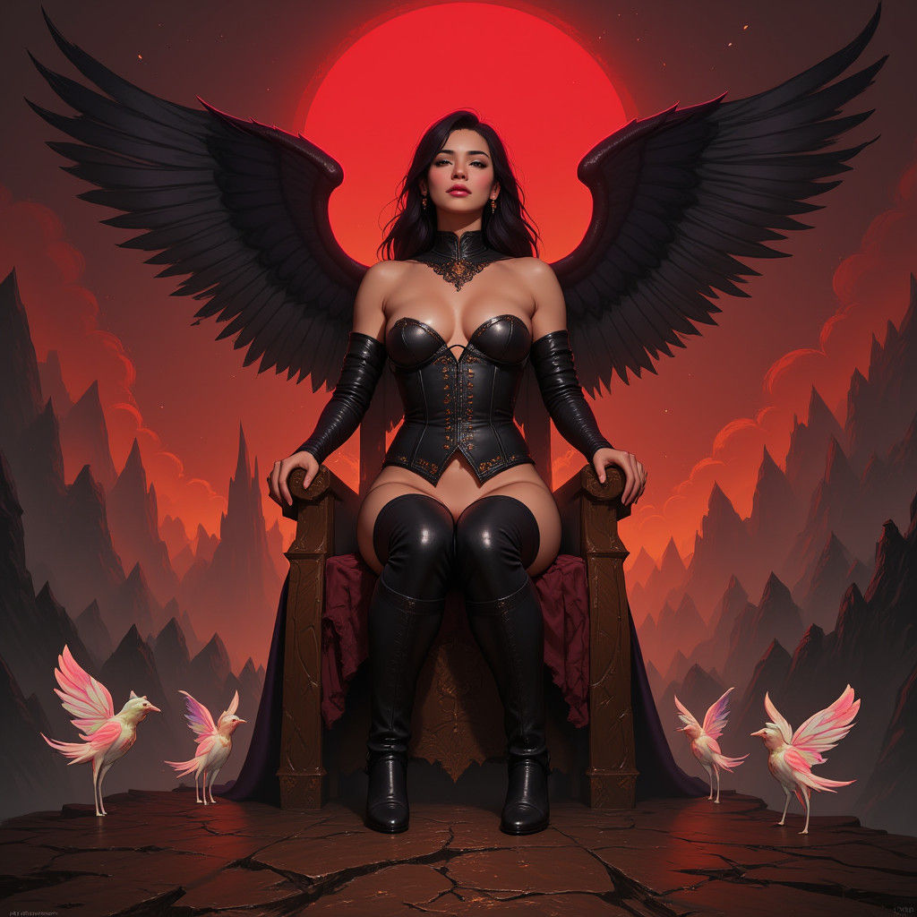 Winged Goddess on Jasper Throne in Dark Fantasy Style