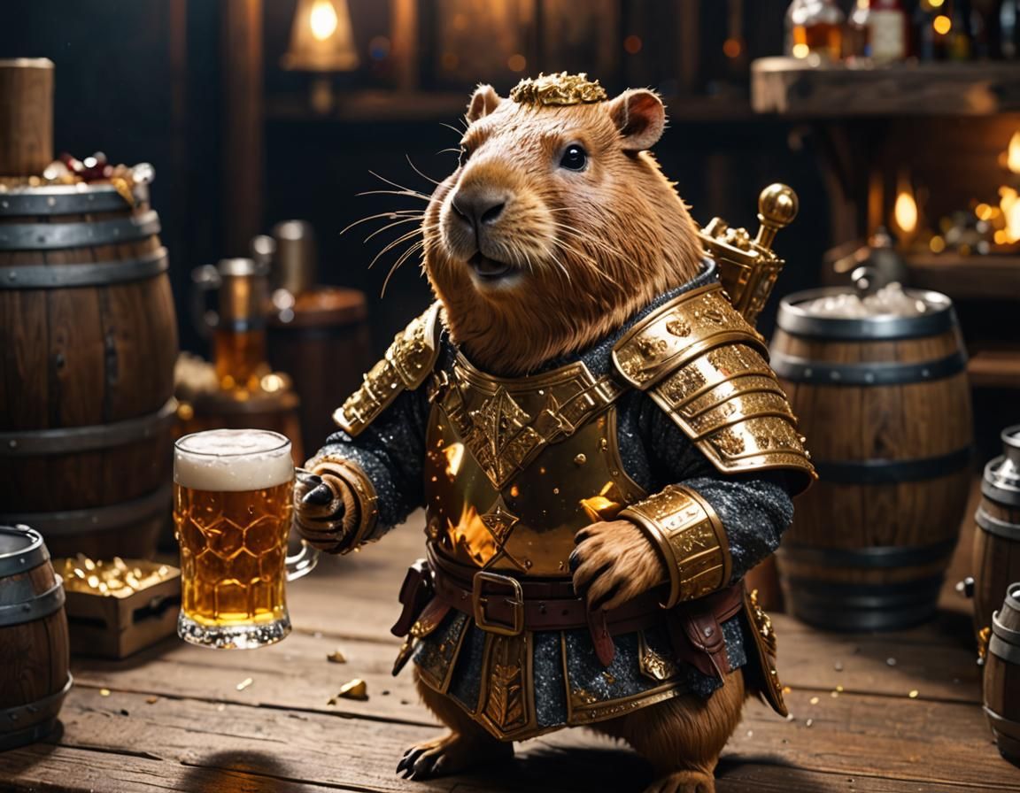 Capybara Knight in Action with Beer Keg