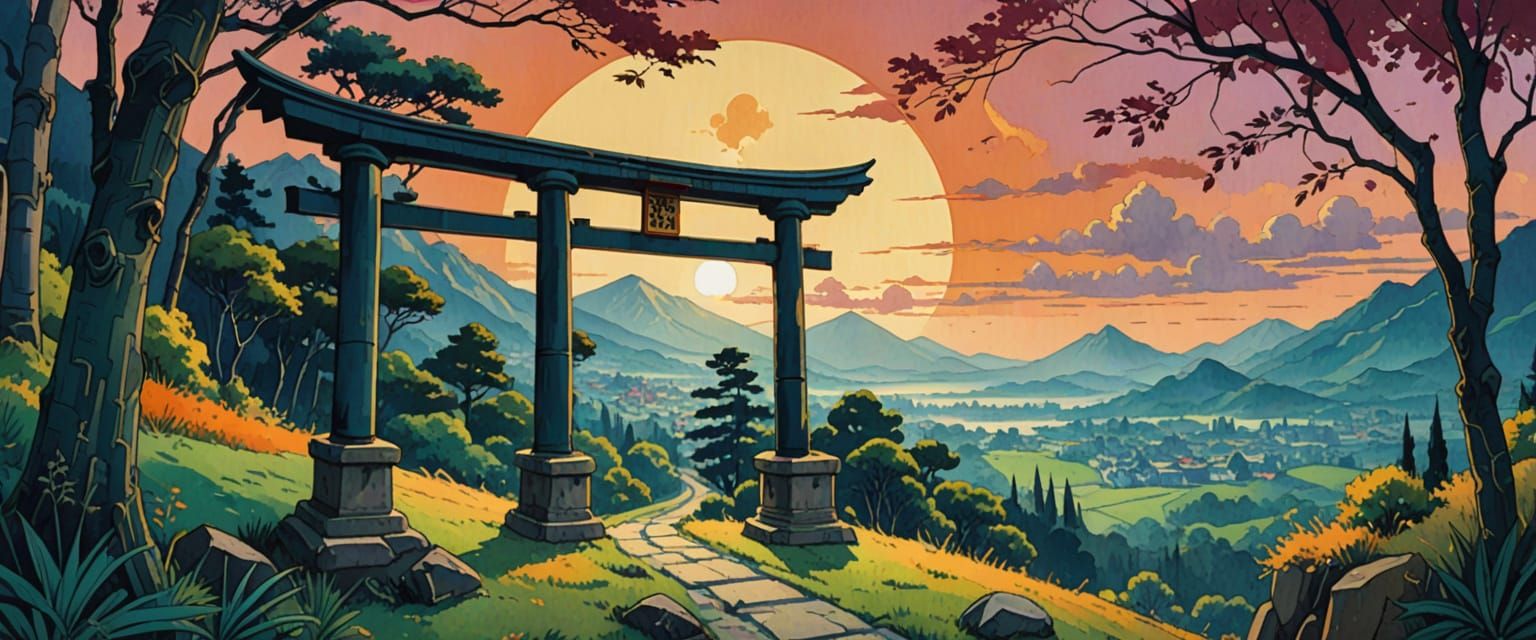 Black Torii Gate Overlooking City in Watercolor Style