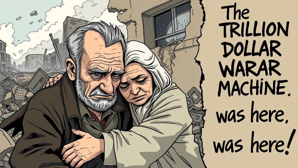 Gaza Couple in War-Torn Ruins, Gritty Cartoon