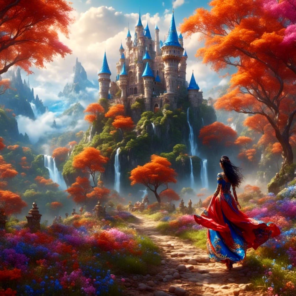 a beautiful castle with an entrance of a mage woman walking through