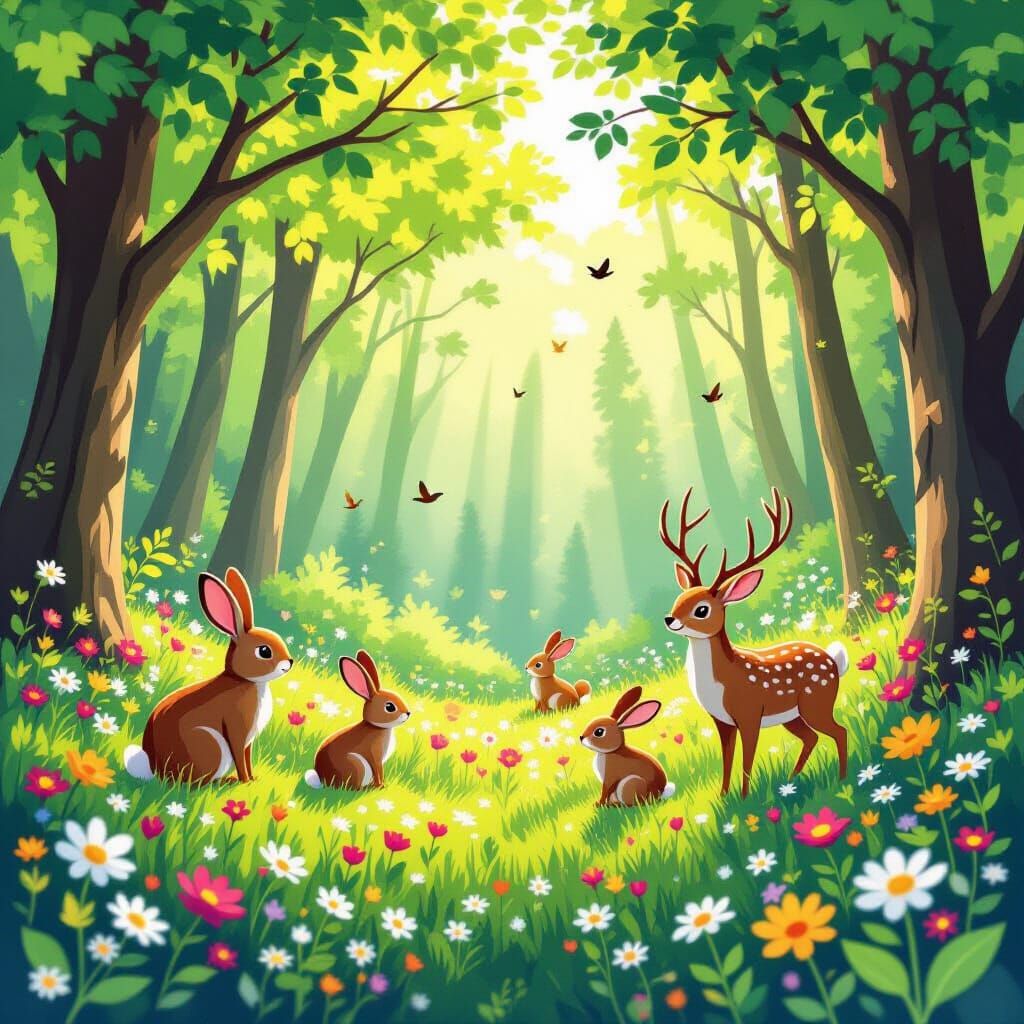 Vibrant Spring Forest With Wildlife And Blooming Flowers