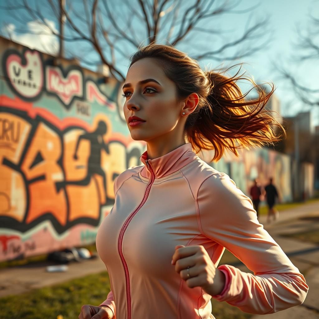Woman Jogging in Urban Park with Graffiti