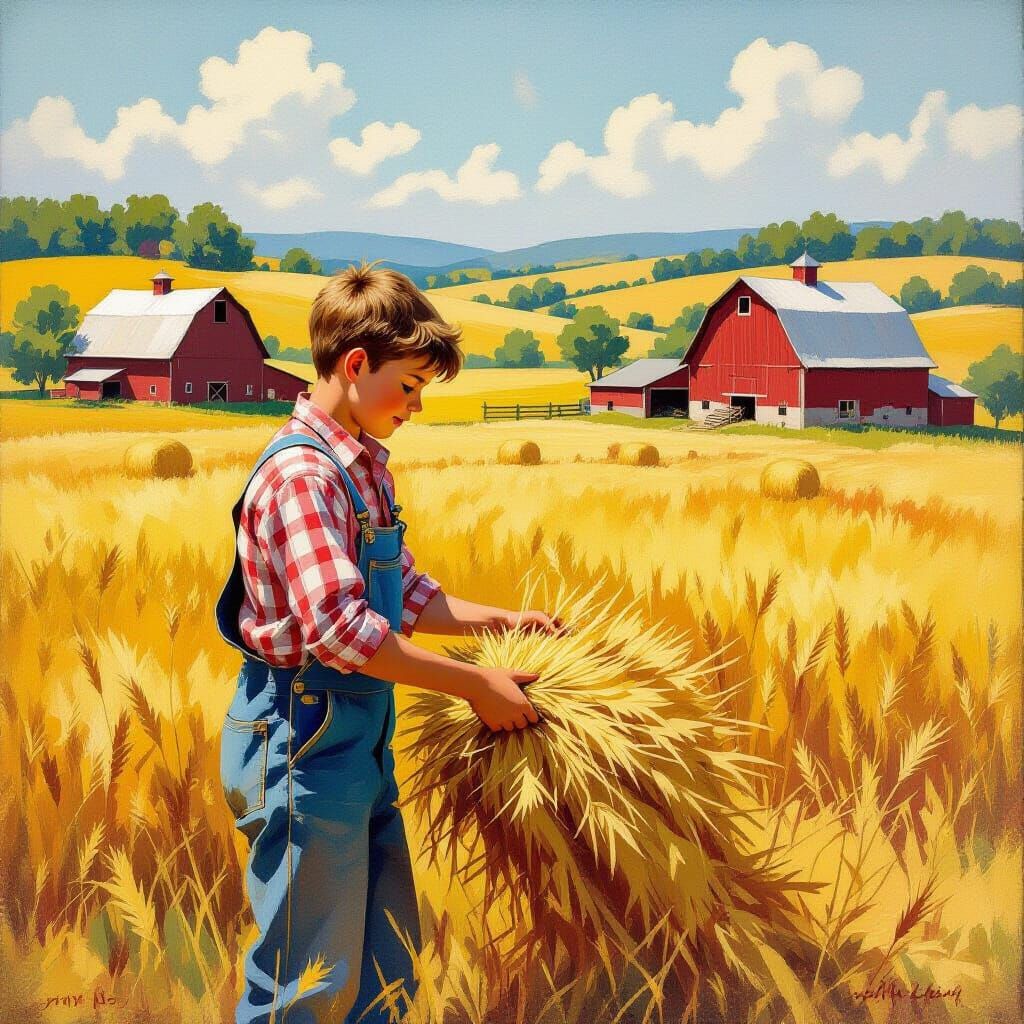 Boy Gathering Hay in Farm Field, Folk-Art Style