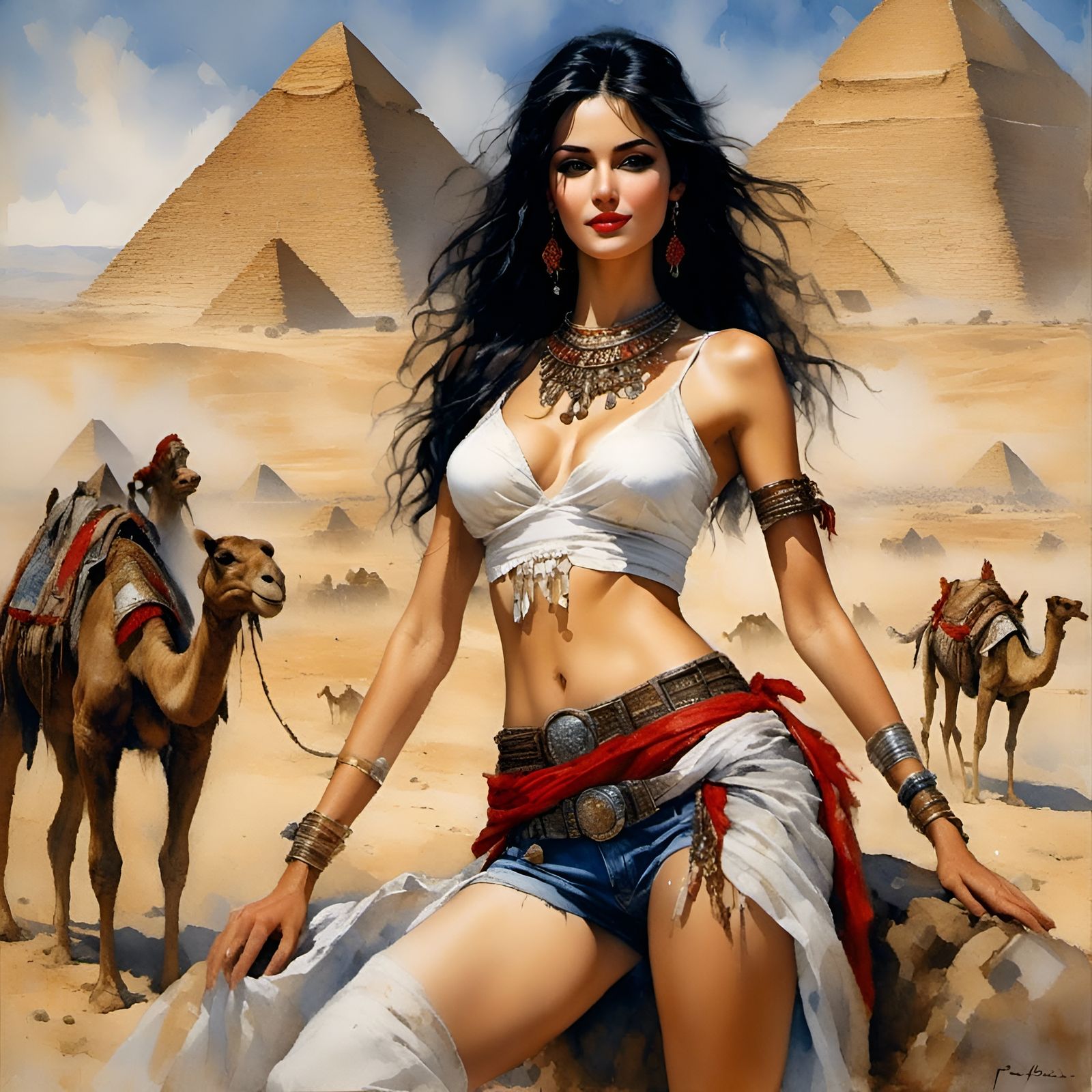 Egyptian Woman in Jeans, Ink Painting Style