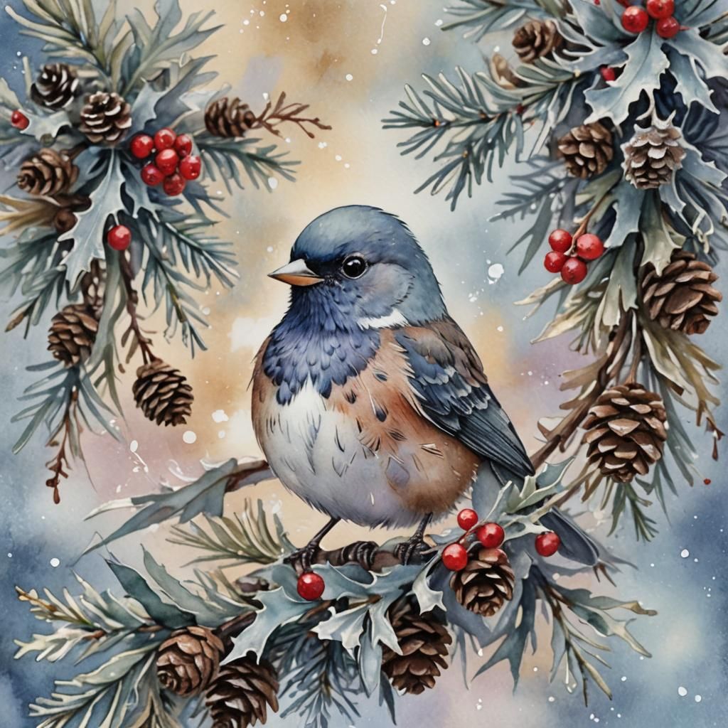 Songbird on Garland in Whimsical Watercolor Style