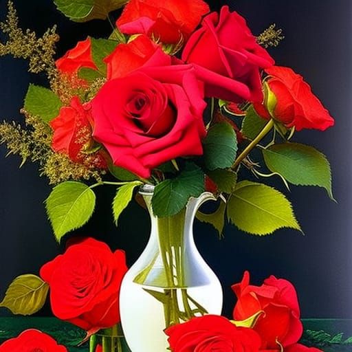 Lush Red Roses Still Life in the Style of Klimt