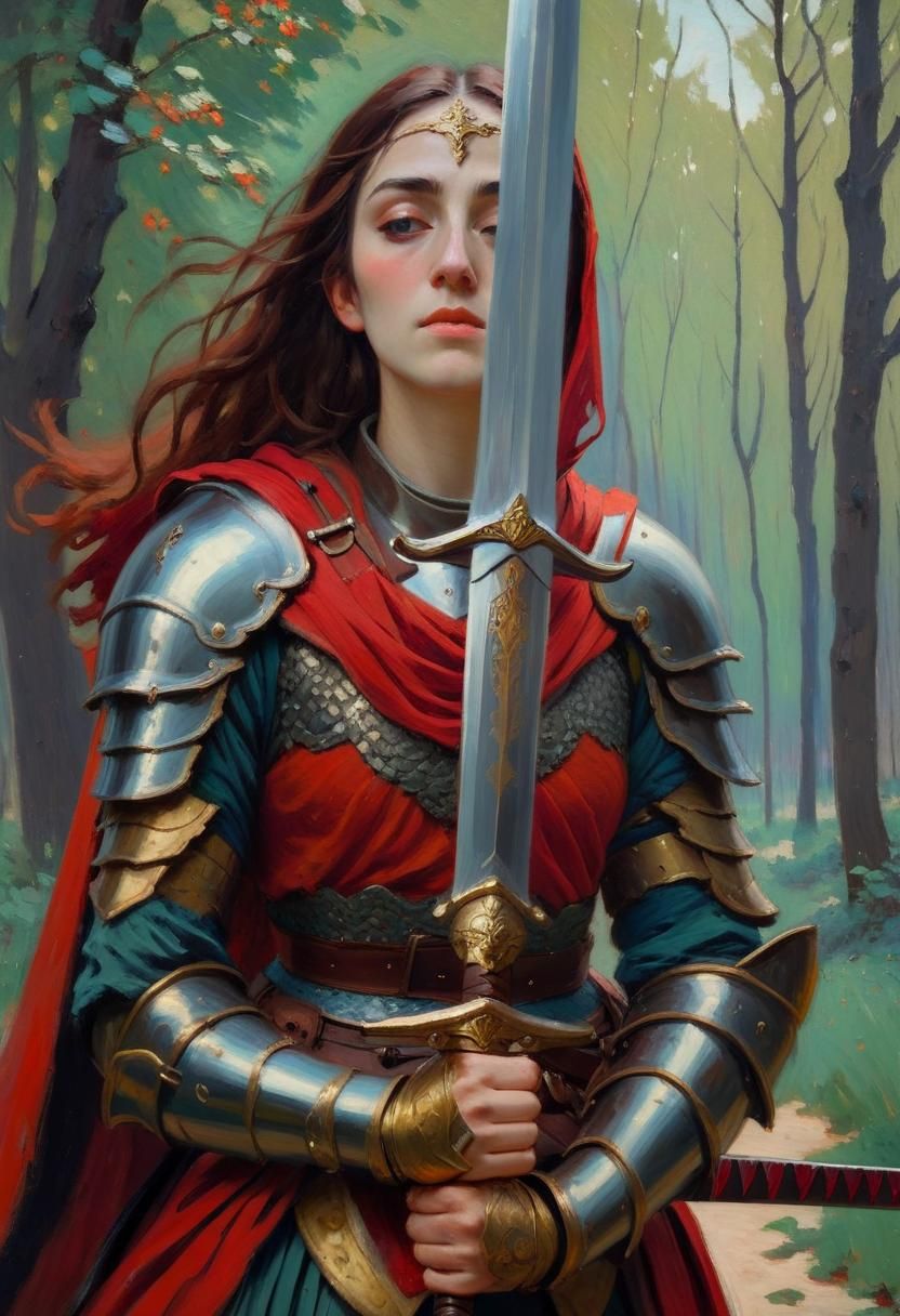 Female Knight with Sword in Impressionistic Renaissance Styl...