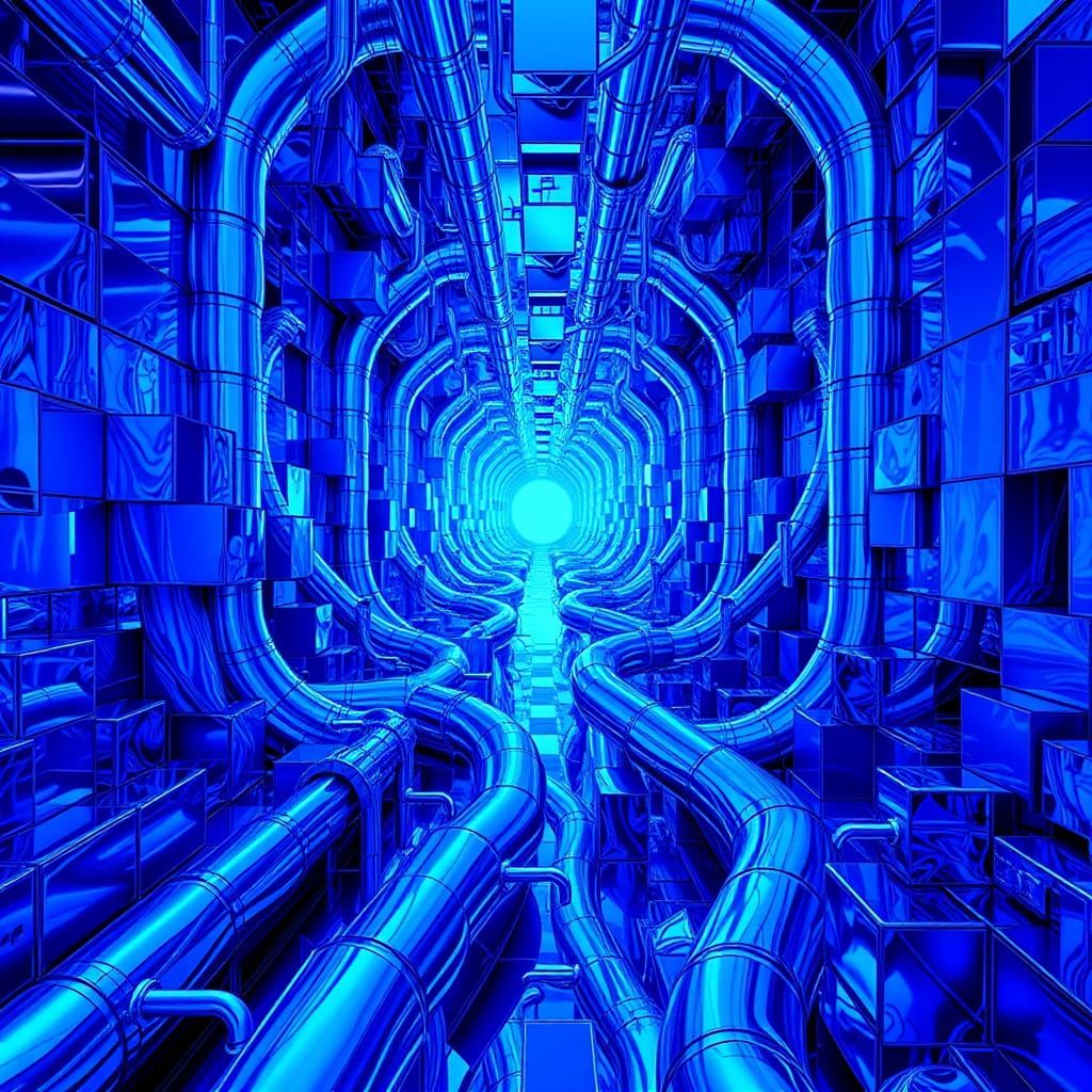 Futuristic Blue Pipe City Digital Rendering