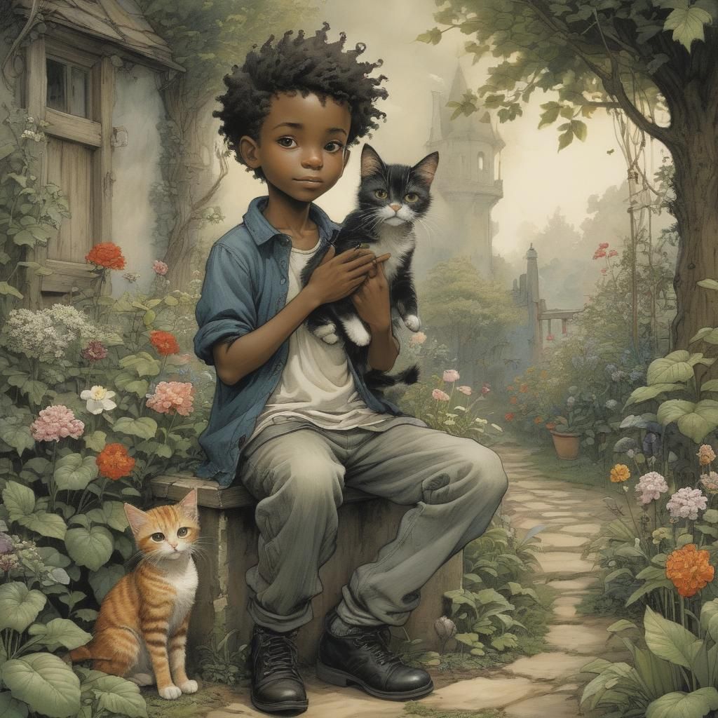Boy and Cat in Garden, Illustrated Style