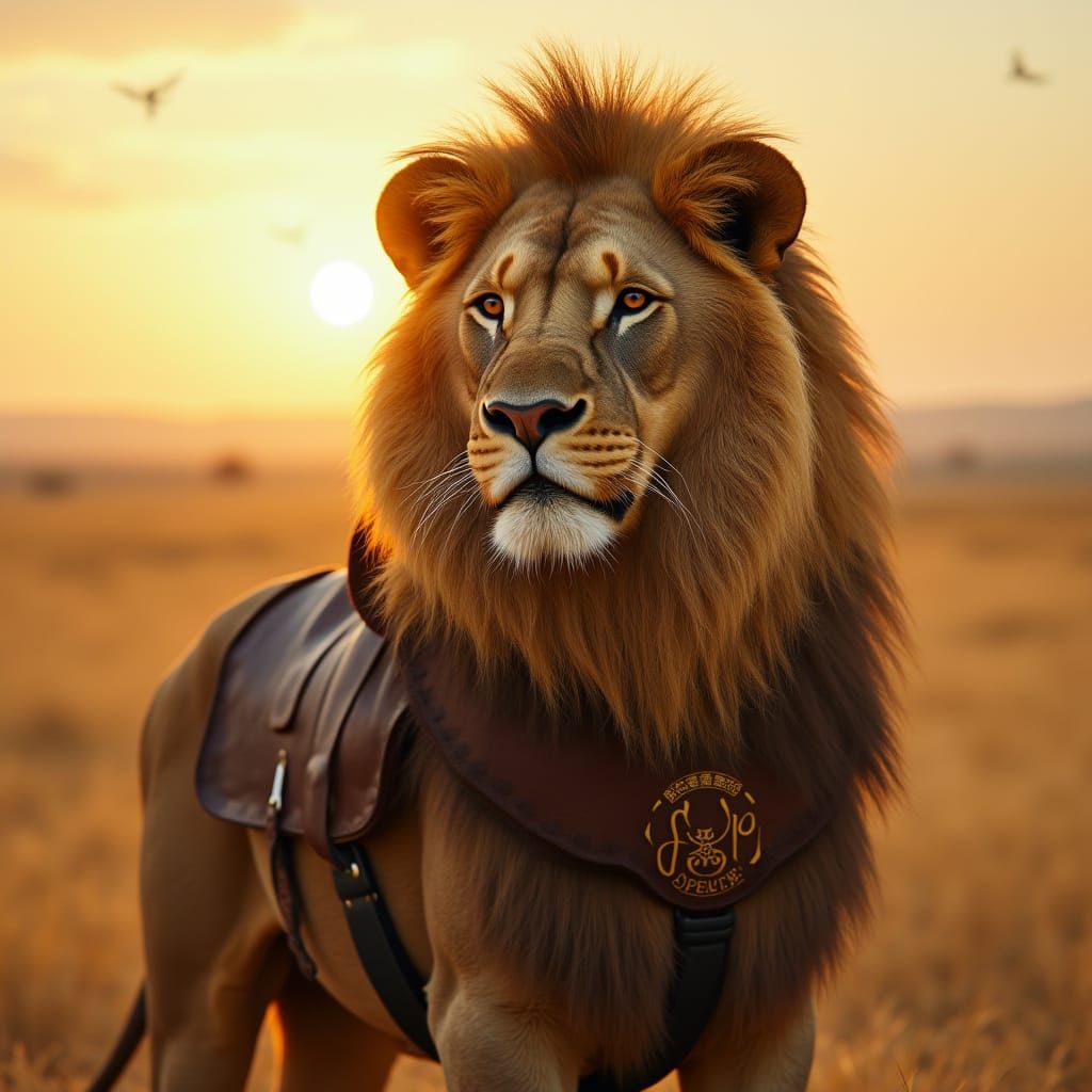 Lion with Gold Monogram Saddle, Photorealistic Style