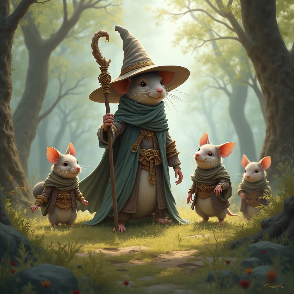 Whimsical Grey Mouse-Wizard Embarks on Fantastical Journey