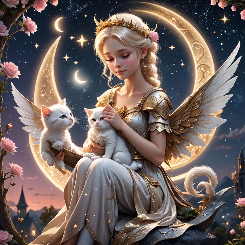 Fairy and Kitten on Starry Moon