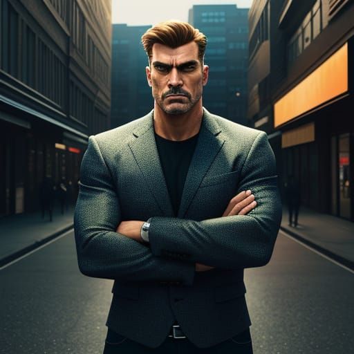 Confident Dad in XL Art Style, Urban Setting