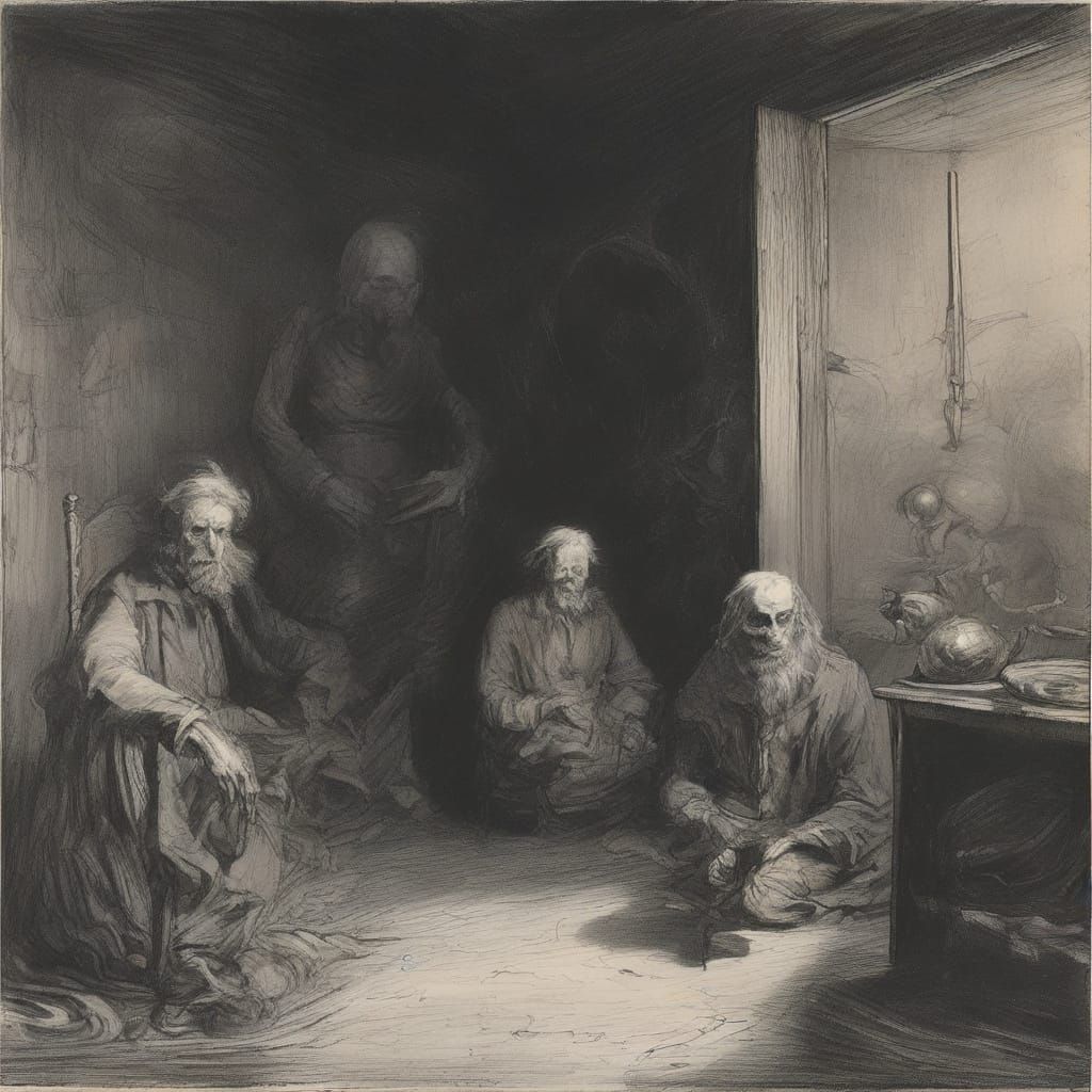 Ominous Monster in Shadows: Dark Fantasy Gouache Artwork