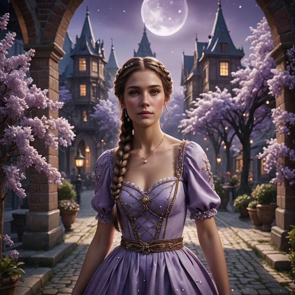 Woman with Braids in Lilac Dress, Fantasy Art
