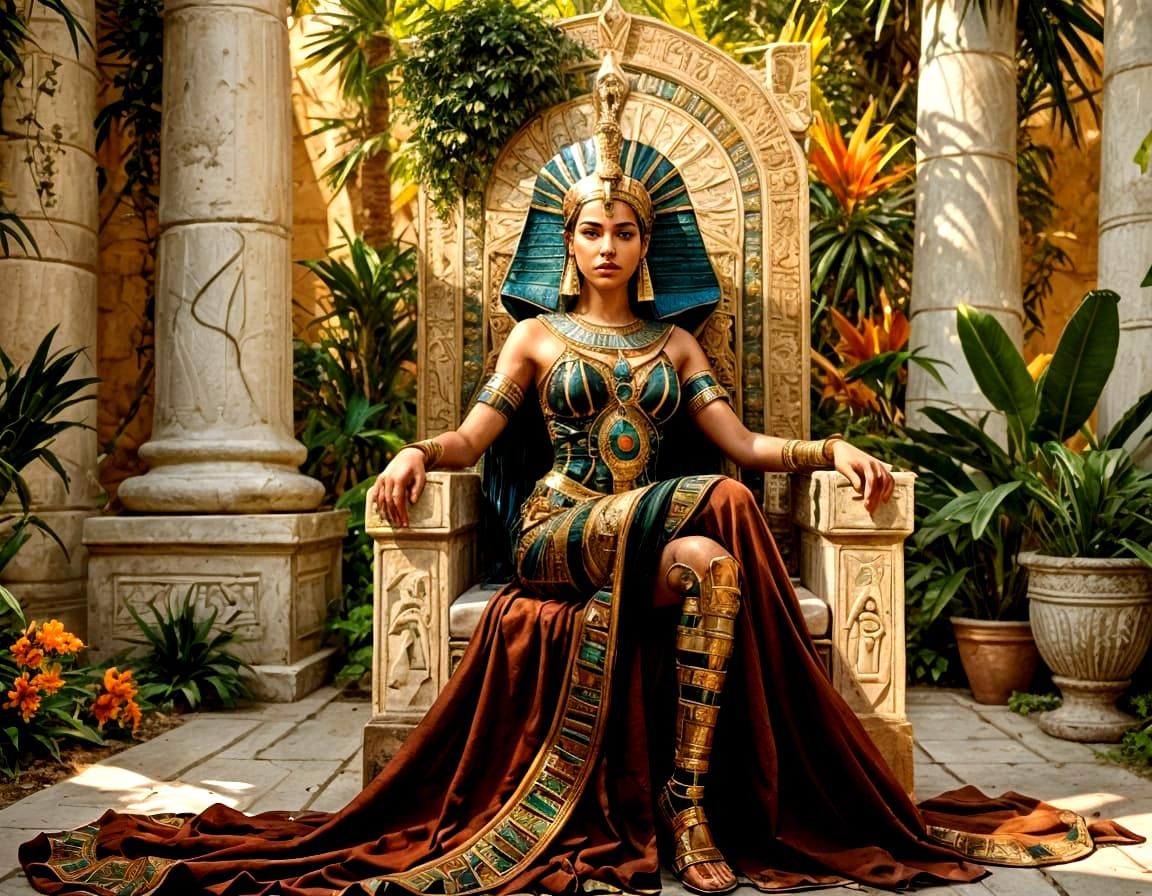 Egyptian Princess in Garden on Throne