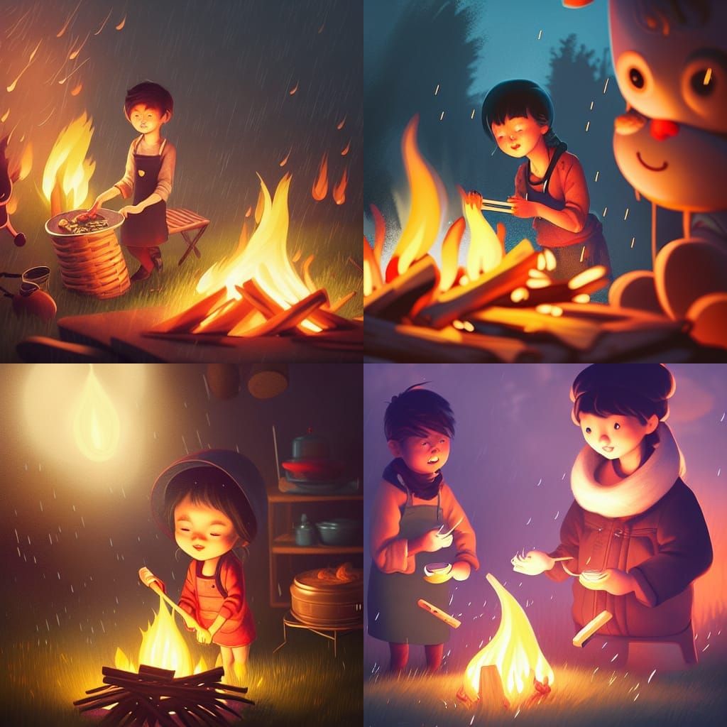 Bonfire Cooking at Night, Digital Illustration
