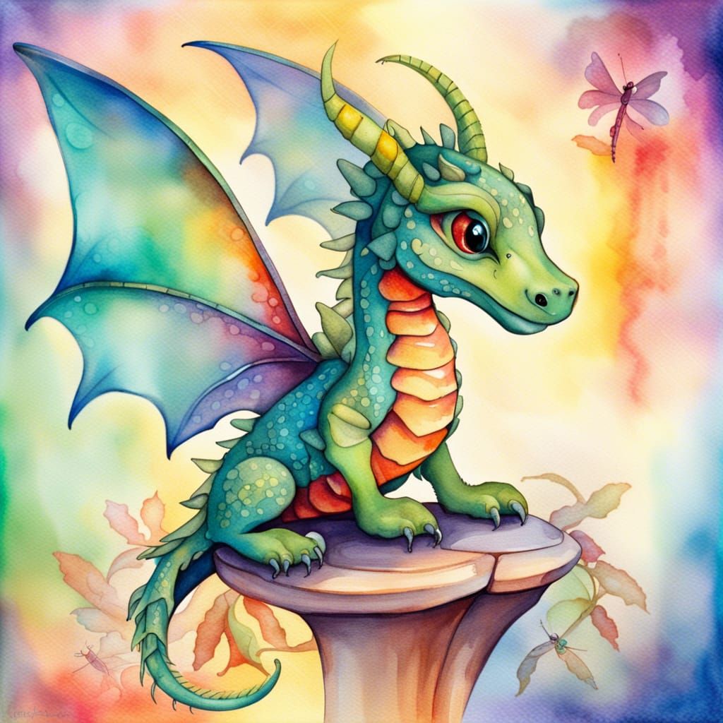 Dragonfly Dragon in Art Nouveau Watercolor