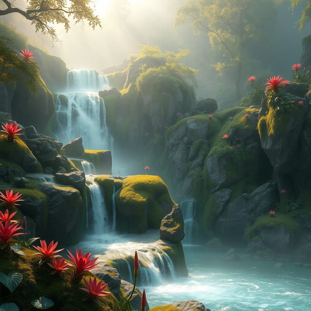 Turquoise Serenity: Ancient Waterfall in Lush Paradise