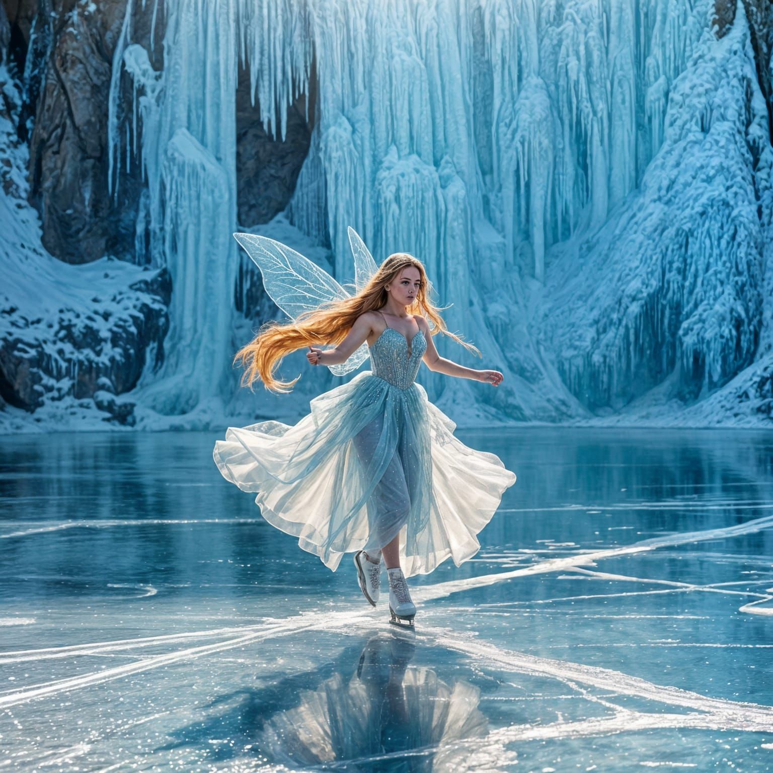 Fairy Princess Ice Skating on Frozen Lake in Photorealistic...