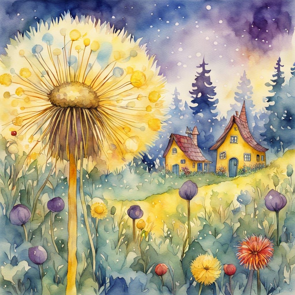 Giant Dandelion in Gnome Village: Watercolor Illustration