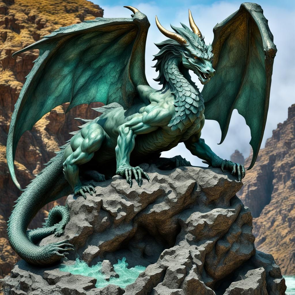 Majestic Dragon Statue on Lava Rocks