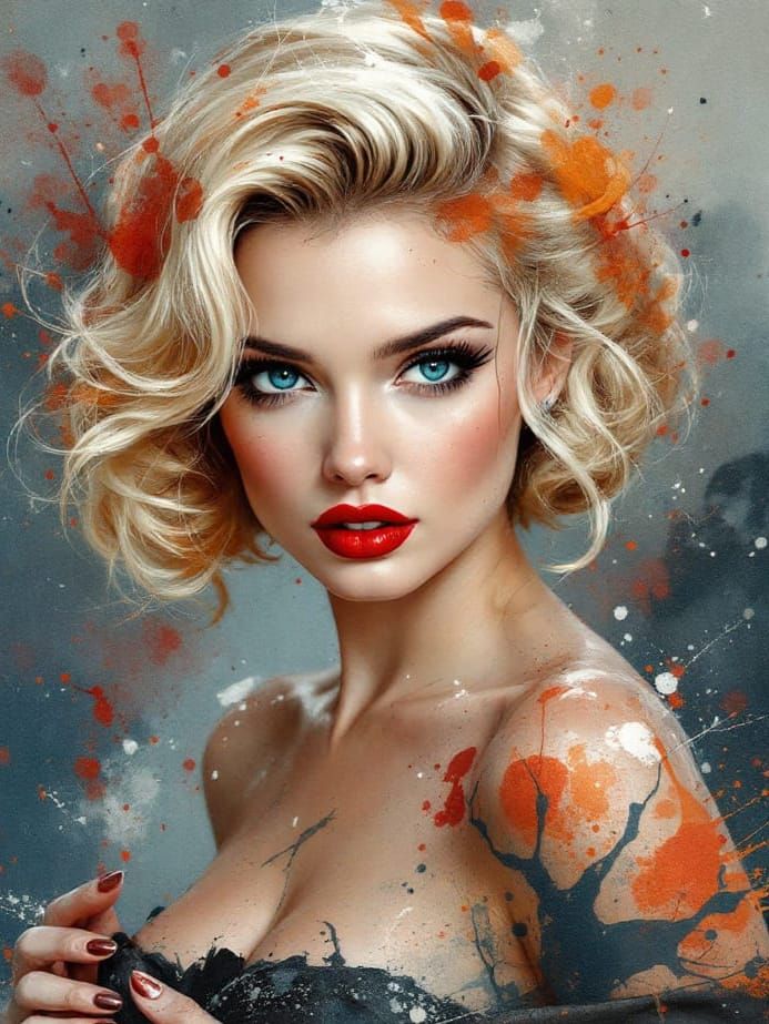Blond Pin-Up Woman in Surreal Ink Splatter Watercolor Style