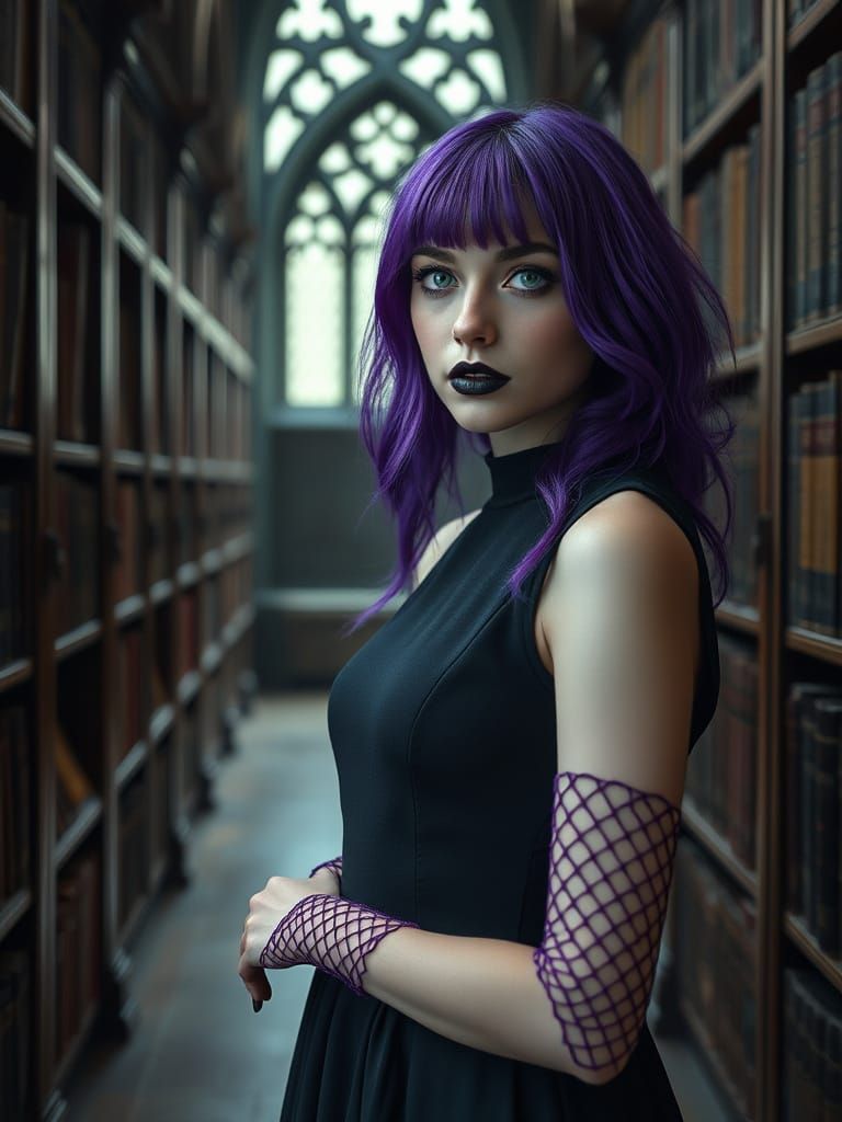 Gothic Woman with Purple Hair in Ancient Library