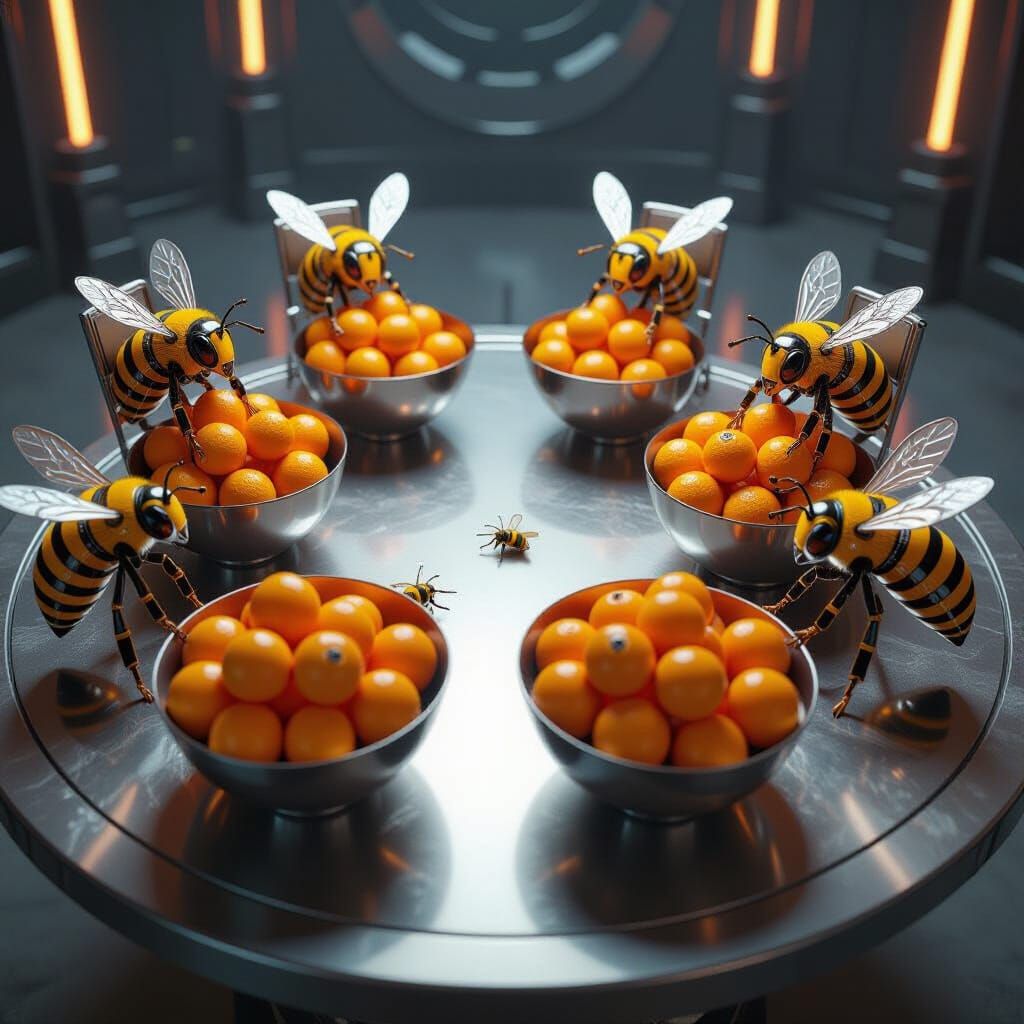 Sci-Fi Bees Buzz Around Orange-Filled Table