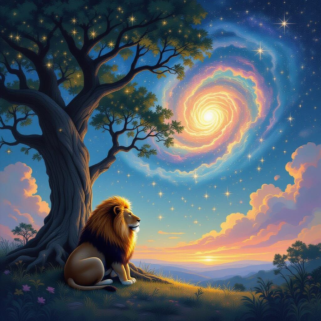 Majestic Lion Beneath Starlit Tree and Nebula