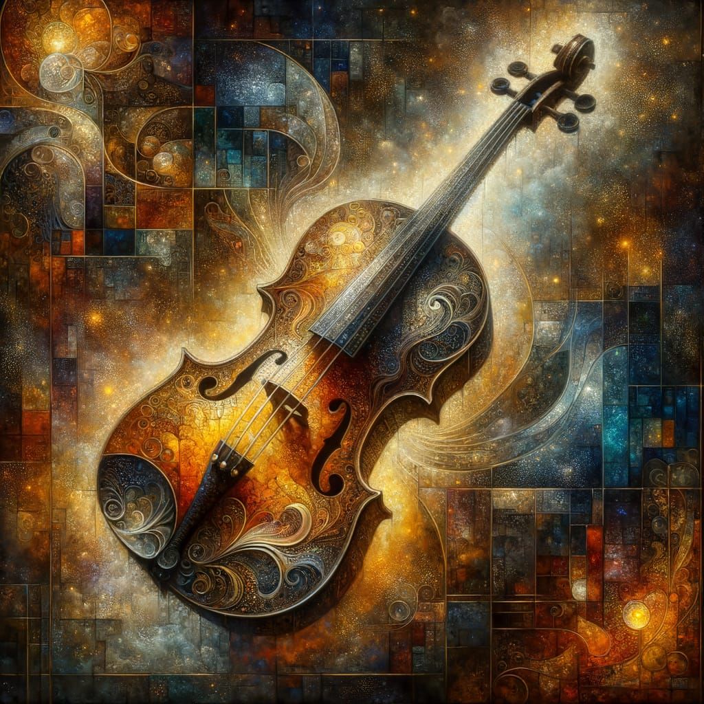 Ornate Wooden Violin in Ethereal Mosaic