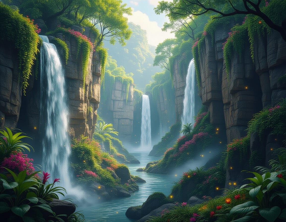 Mystical Secret Garden with Waterfalls