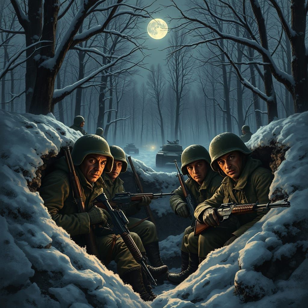 Exhausted American Soldiers in Winter Battle, Ardennes Fores...