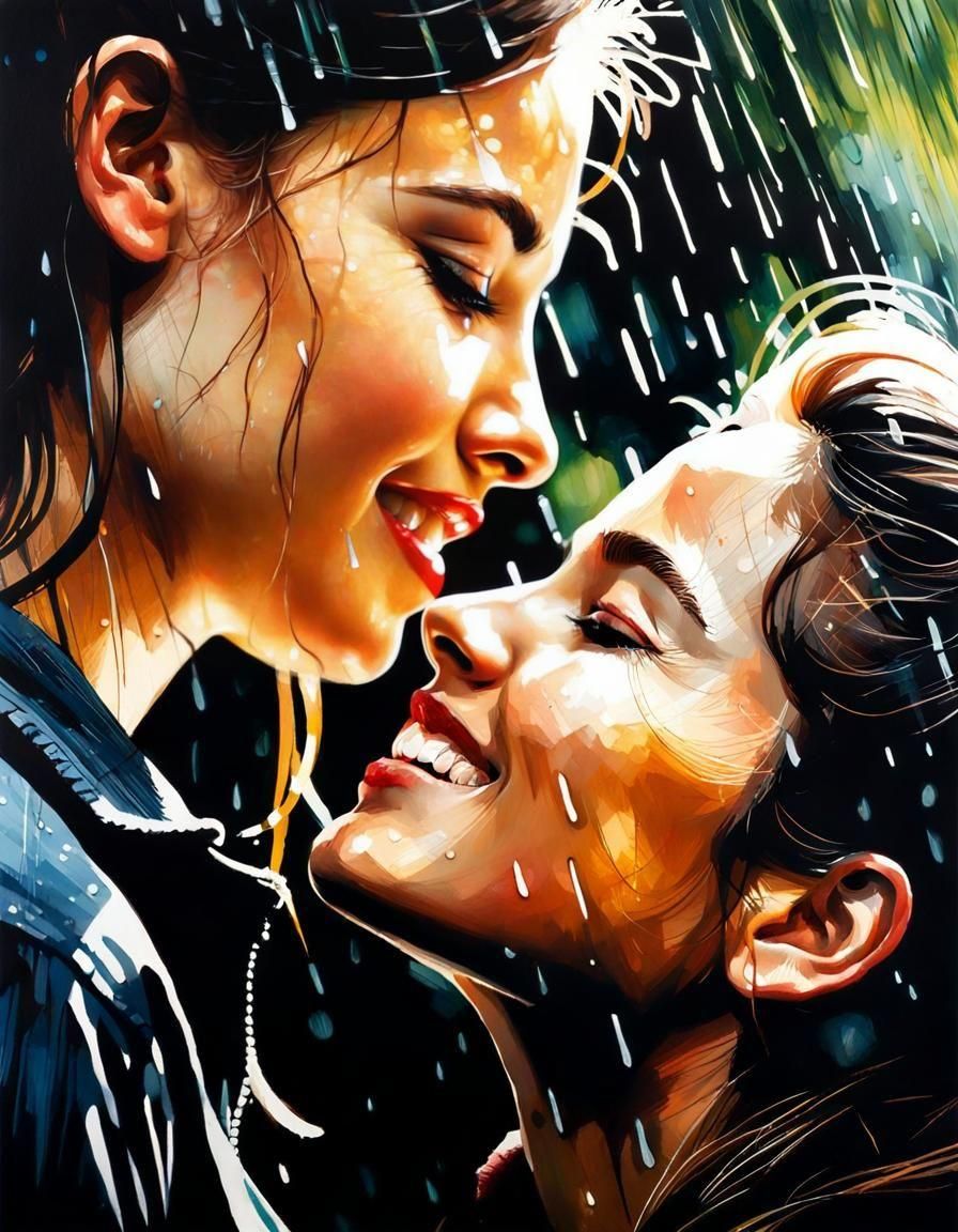 Romantic Rainy Portrait in Scratchboard Ink Style