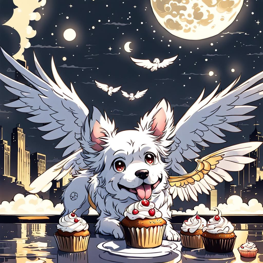 Winged Dog Enjoys Cupcake: Anime Style