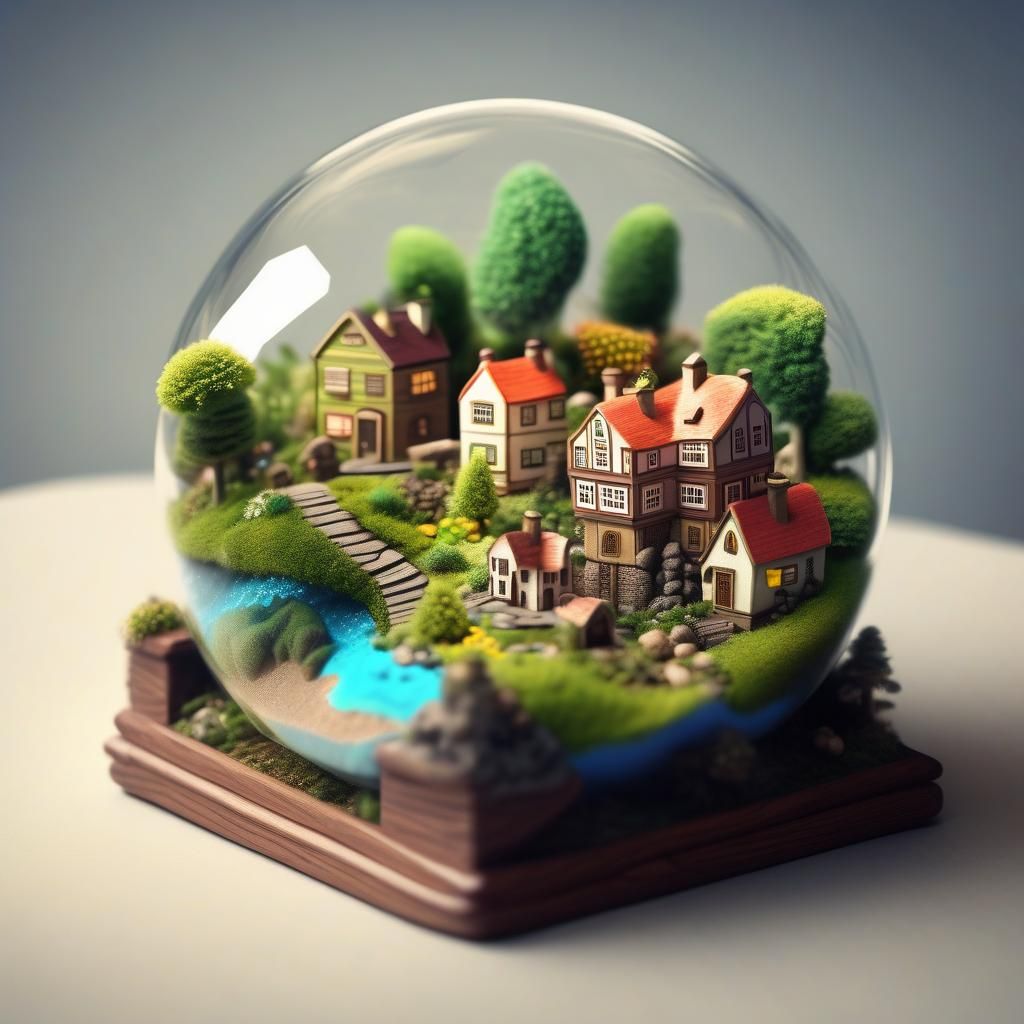 Miniature Town Terrarium in Bright 16k Resolution