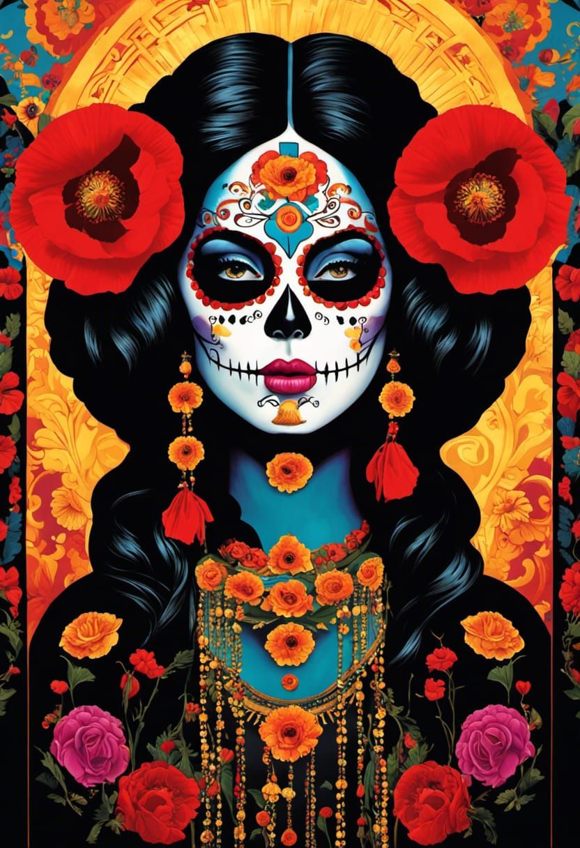 Mexican Woman Anime in Klimt-Inspired Dia de los Muertos Sty...