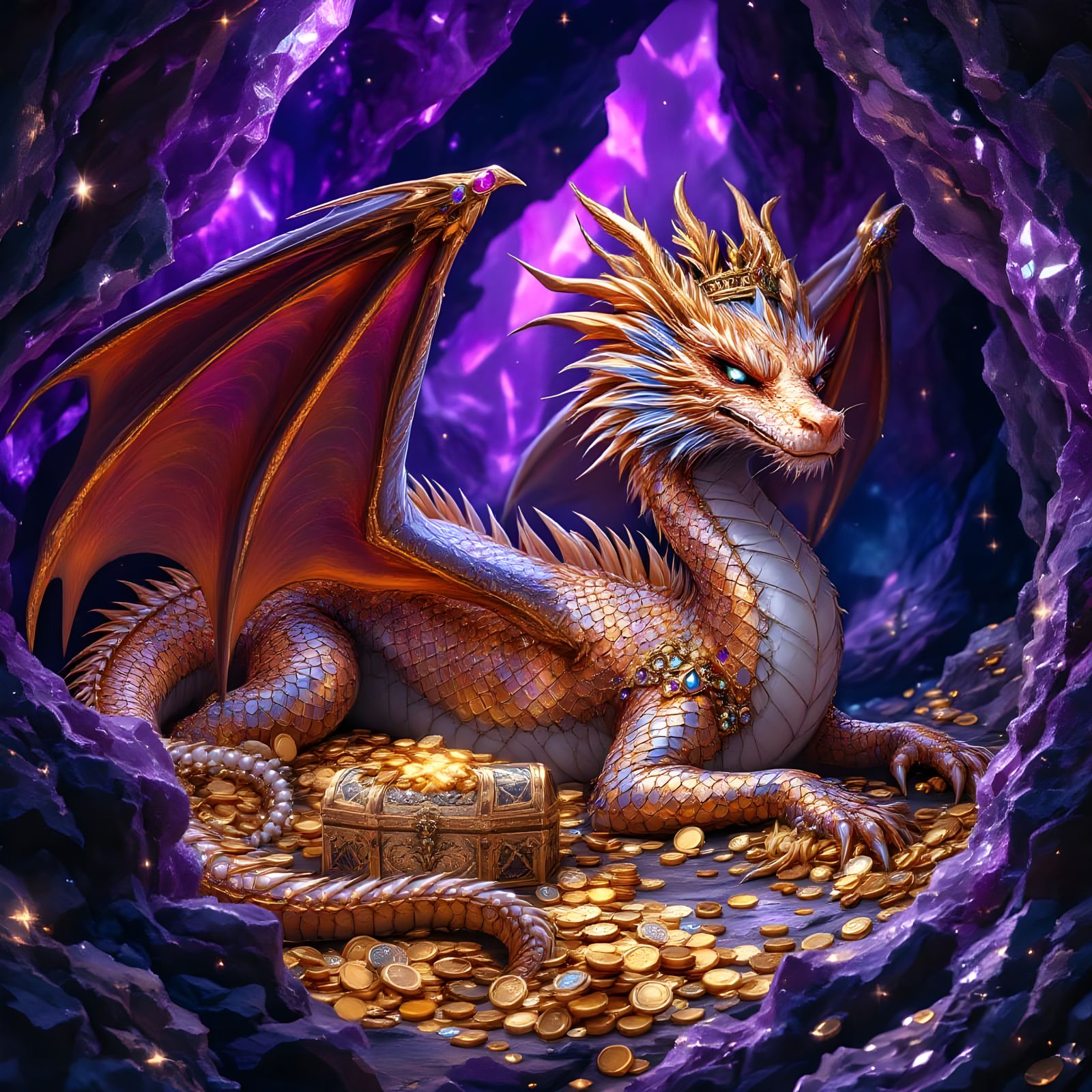 A shimmering crystal amethyst cave wherein lies a highly detailed golden iridescent scaled majestic dragon, wearing an o...