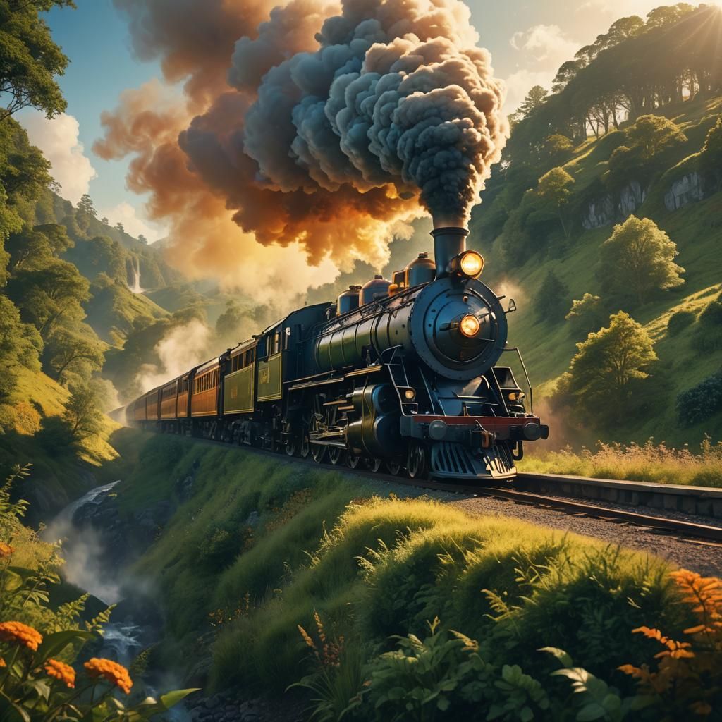 Majestic Steam Locomotive in Lush Countryside