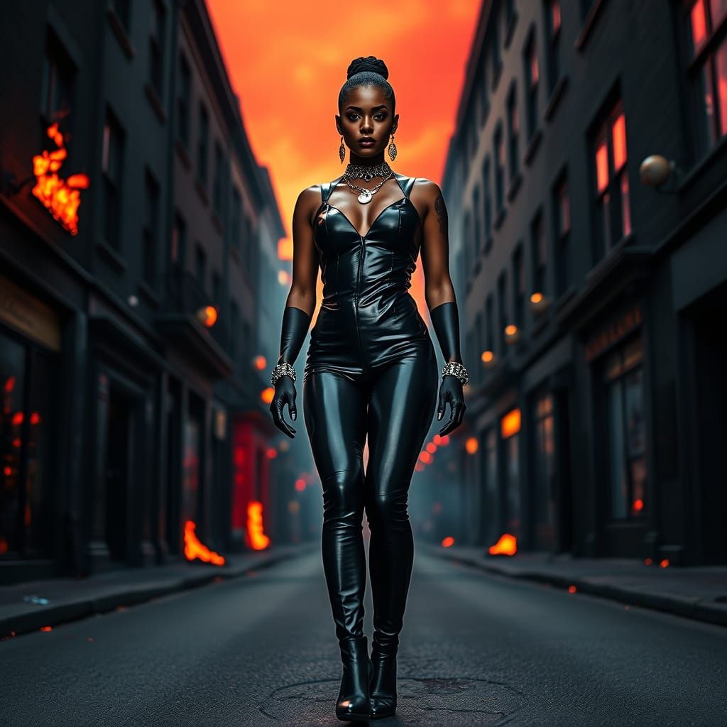 Dominatrix in Flaming Cityscape, Cyberpunk Style