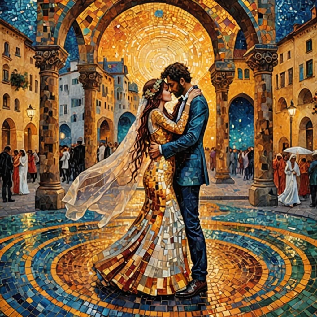 Abstract Mosaic Bride Dance in Klimt Style