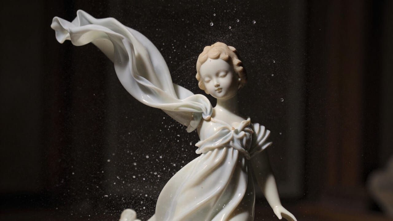 Porcelain Doll Frozen in Chaos, High-Speed Photography Style